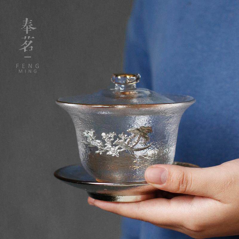 玻璃镶锡制耐热玻璃盖碗茶杯加厚三才茶碗大号泡茶 功夫茶具