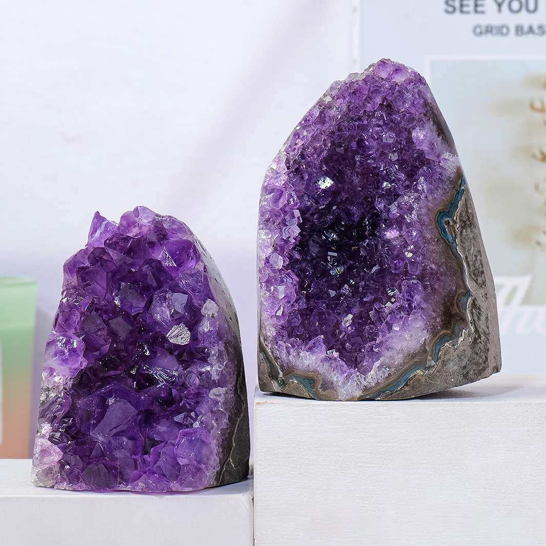 天然紫水晶簇石乌拉圭原晶洞石英深紫色家居装饰饰品
