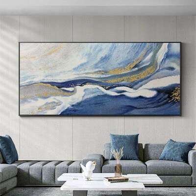 纯手绘油画横版挂画沙发背景装饰画轻奢金箔挂画抽象流彩艺术大气