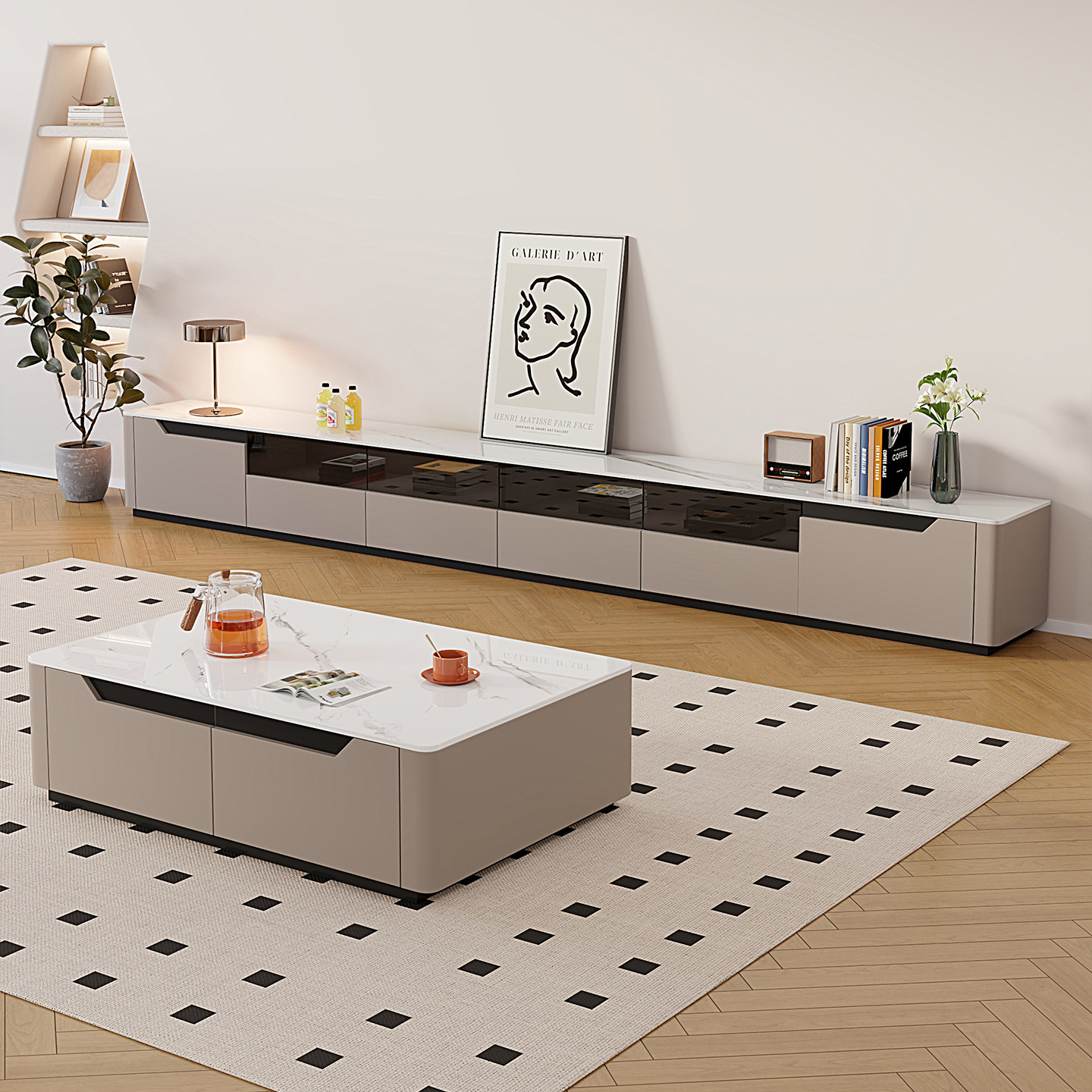 岩板电视柜茶几组合地柜客厅2026新款家用落地储物柜实木电视机柜