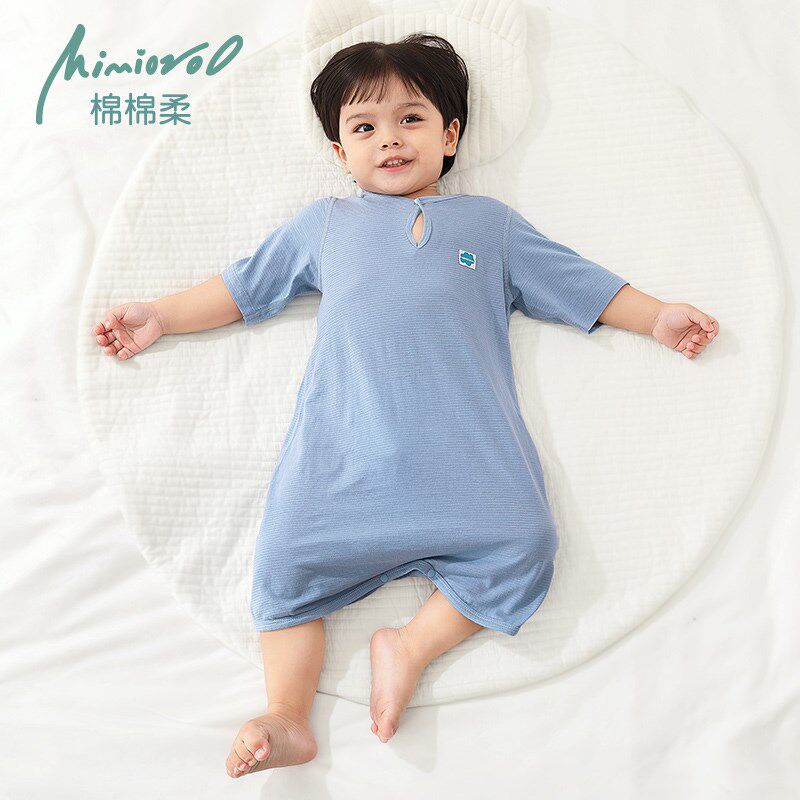 儿童睡袍宝宝睡衣夏季超薄款七分袖纯棉婴儿短袖男童空调服女睡裙