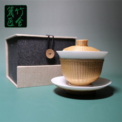 手工非遗瓷胎竹编盖碗竹丝扣瓷茶具功夫茶具三才碗特色扣碗茶具