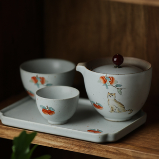 景德镇手绘猫咪旅行快客杯一壶两杯单人套装汝窑陶瓷粗陶功夫茶具