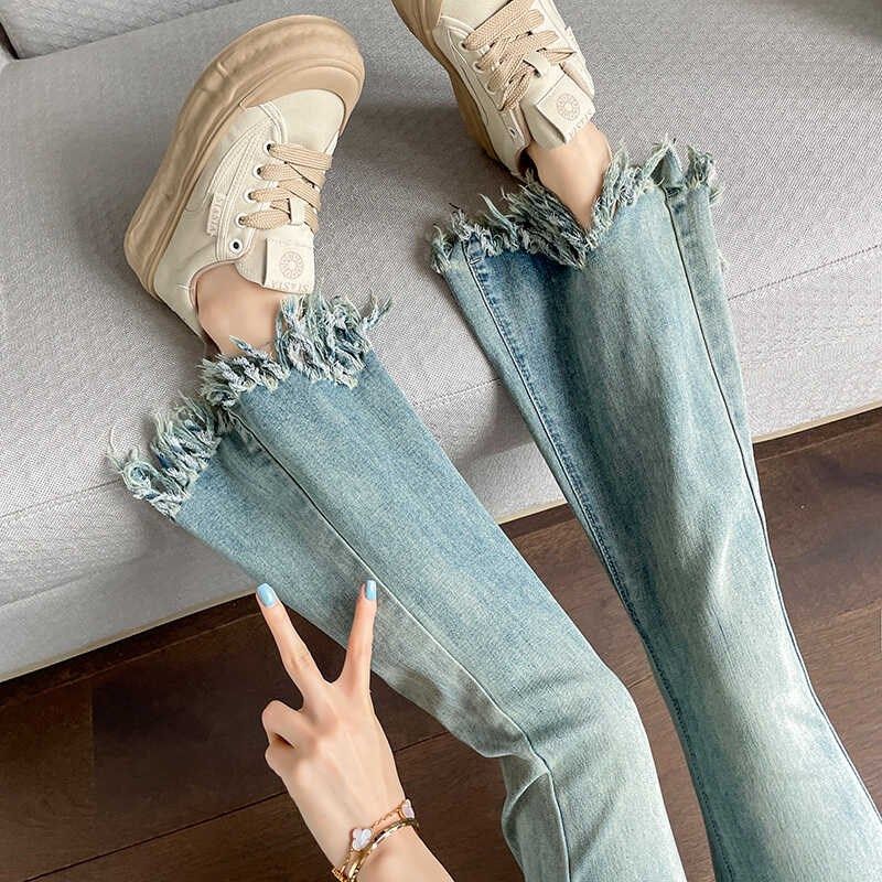 流苏毛边微喇牛仔裤女九分夏季2024新款高腰修身弹力显瘦喇叭长裤
