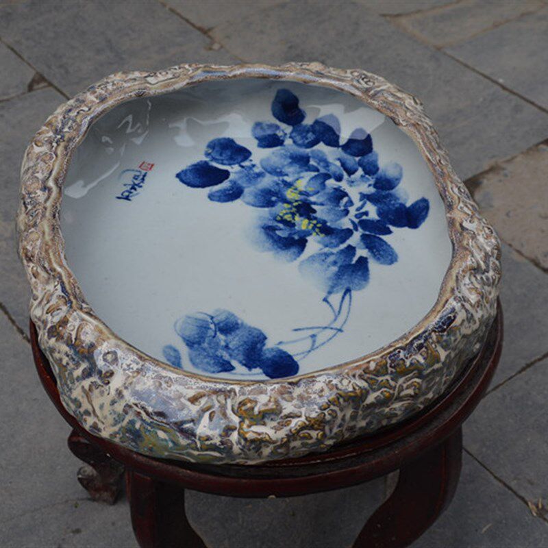包邮景德镇陶瓷鱼缸创意古典仿石乌龟缸手绘荷花水培水仙碗莲花盆
