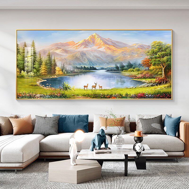山水画客厅挂画沙发背景墙挂画金山聚宝盆背有靠山壁画高级感轻奢