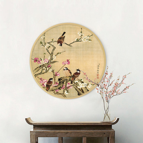 【十年老店】新中式装饰画客厅圆形壁画玄关走廊过道挂画花鸟画