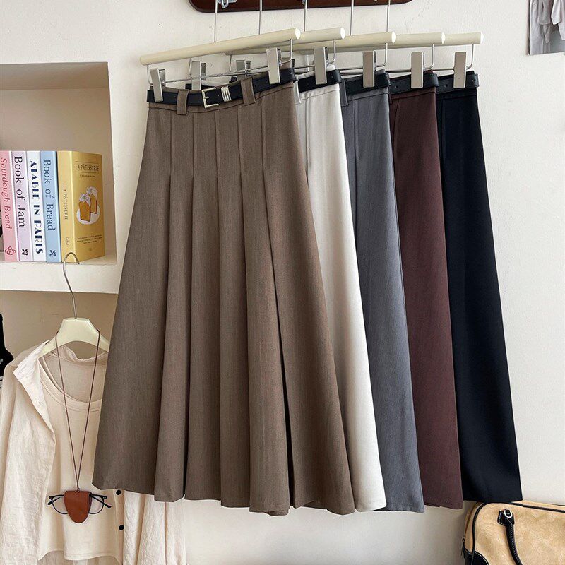 高级感复古百褶压皱灰色西装半身裙女秋洋气质休闲大摆a字长裙子