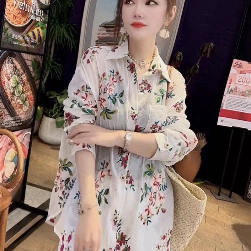 中国风碎花宽松雪纺休闲时尚套装女夏薄款防晒长袖衬衫短裤两件套