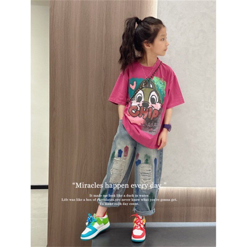 女童夏季牛仔阔腿裤网红时髦薄款女孩初中生夏款裤子大童宽松长裤