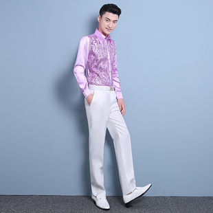 彩色亮片衬衫舞台演出男士衬衣广场舞大合唱表演主持歌手服装大码