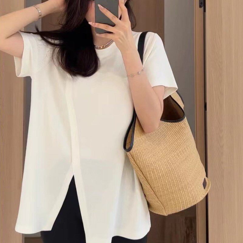 孕妇装T恤夏季新款开叉短袖上衣女宽松遮臀宽松中长款时尚打底衫