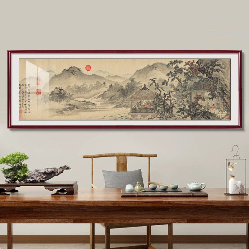 唐伯虎山水画客厅装饰画新中式沙发背景墙壁画办公室茶室国画挂画