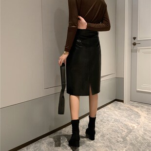 开叉包臀裙一步裙200斤 高腰中长款 皮裙半身裙女2021新款 秋冬大码