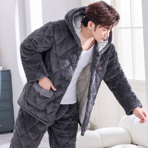 男士睡衣冬季珊瑚绒三层夹棉加厚加绒秋冬款法兰绒保暖家居服套装