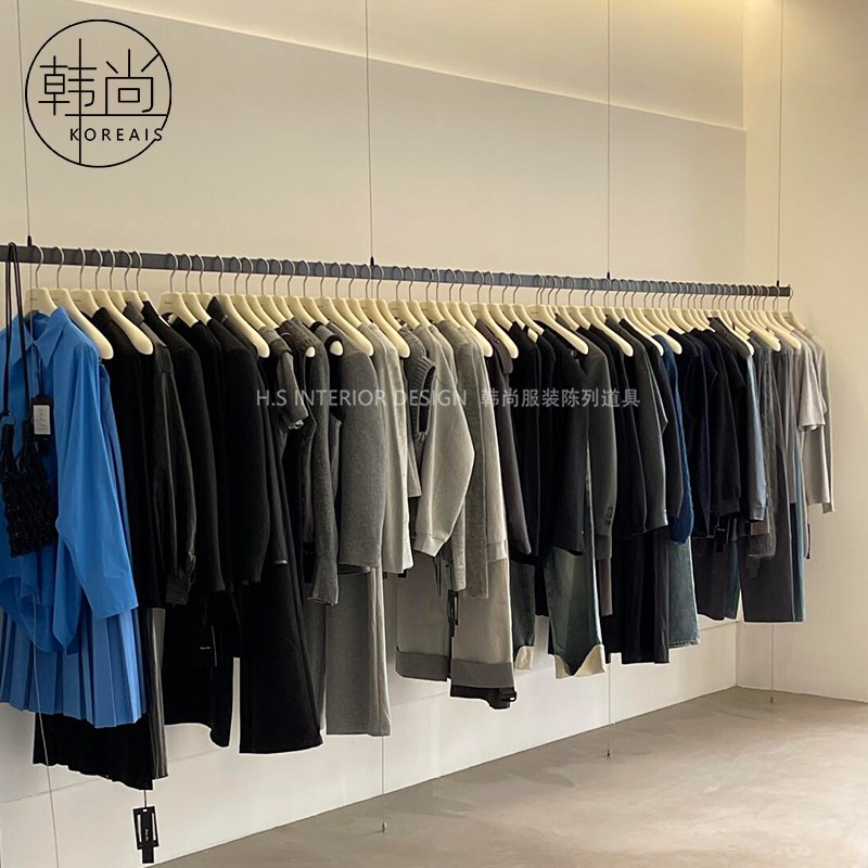 服装店上墙展示架不锈钢黑色悬挂衣架钢丝吊顶货架女装专用陈列架