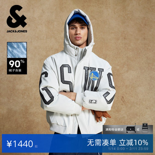 杰克琼斯NBA联名款勇士队宽松百搭日常舒适潮流刺绣连帽羽绒服