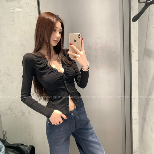 【悸动代码】2色！褶皱V领打底纯色百搭时髦V领打底衫女