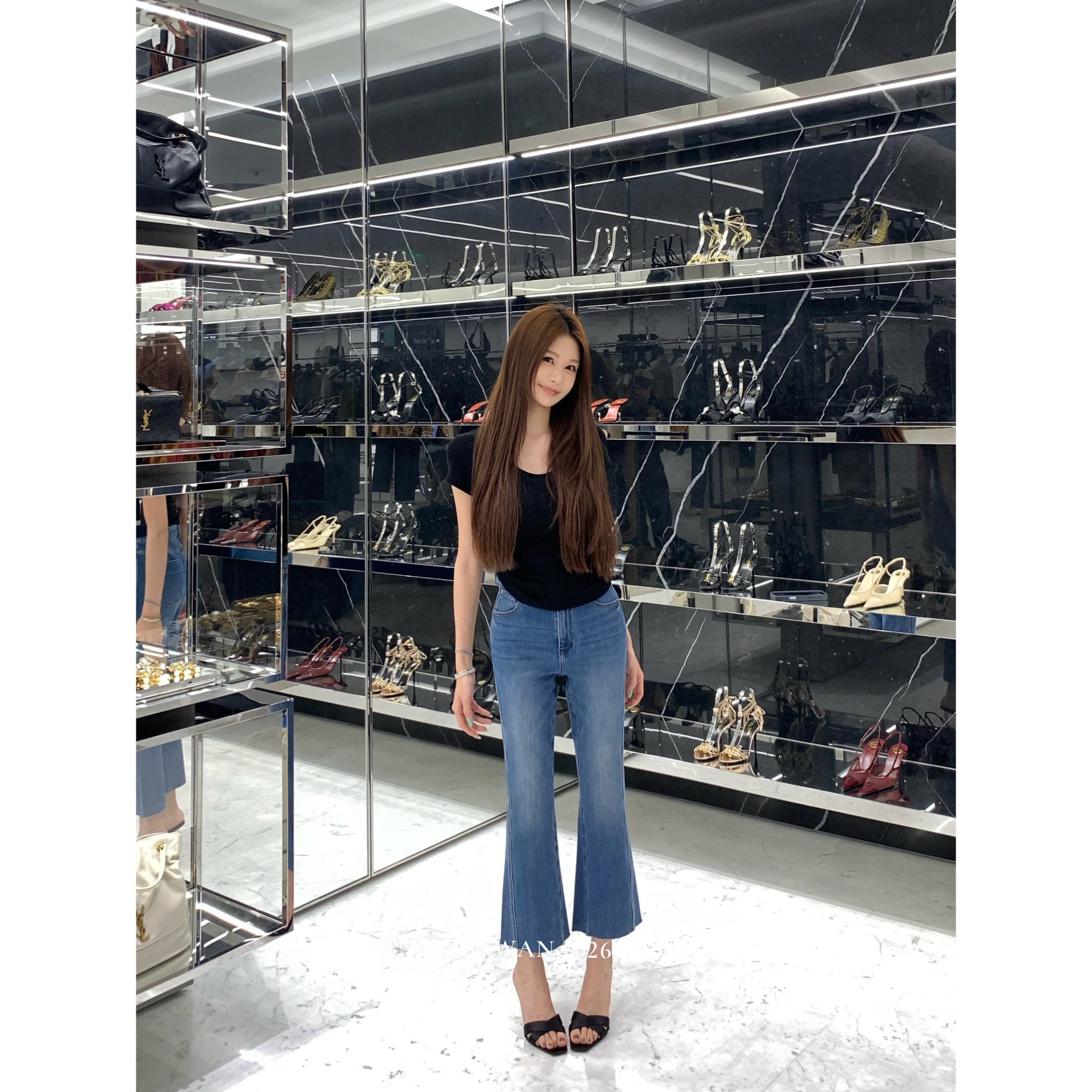 WENWAN【富婆裤】蓝色显瘦八分微喇牛仔裤百搭中高腰