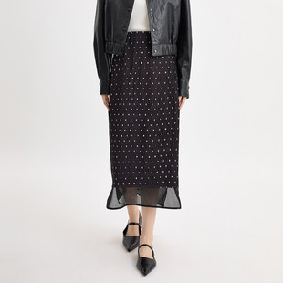 艾蜜丰雪纺波点半身裙女2026春季中长款两侧开叉包臀显瘦直筒裙