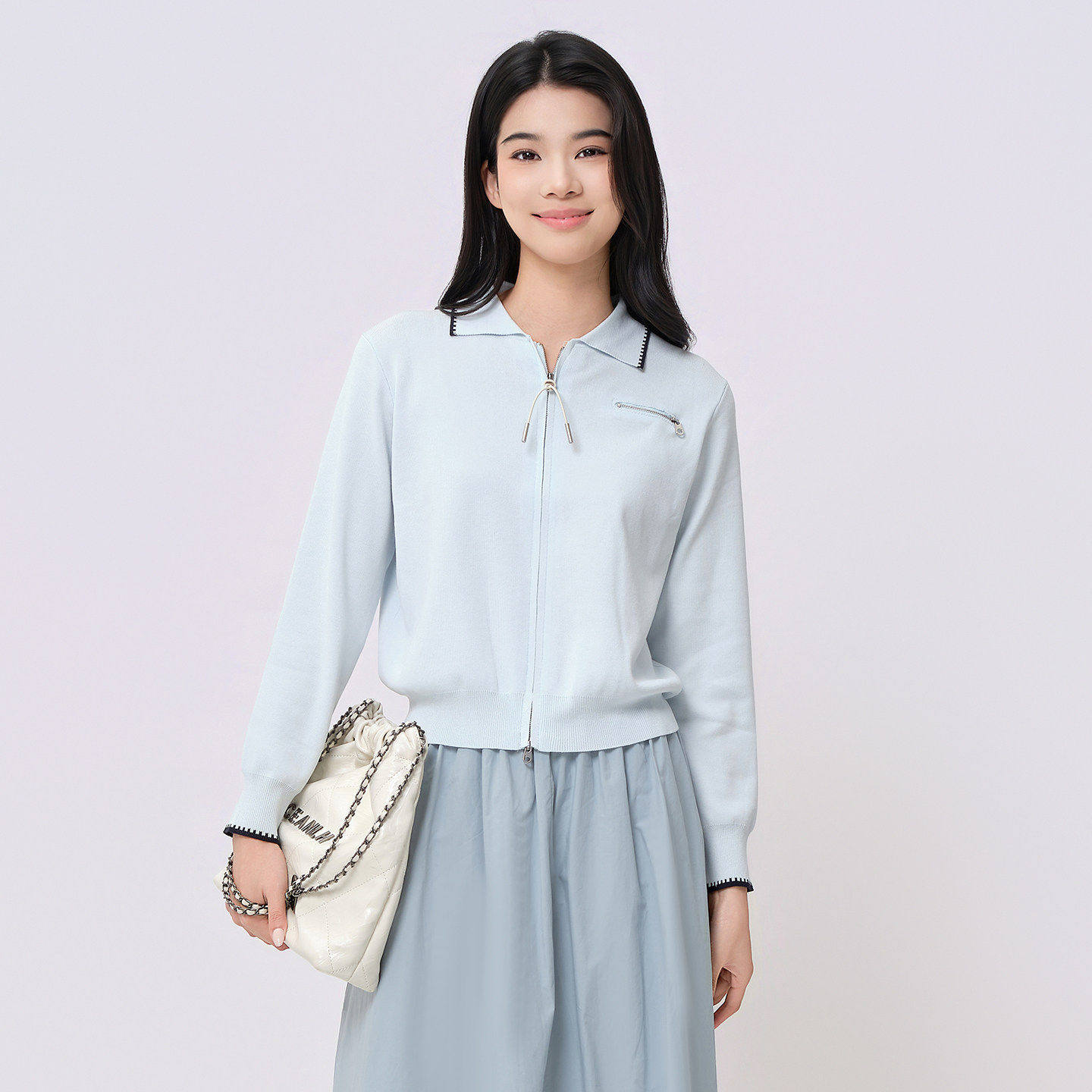 艾蜜丰2026夏款新款polo领针织开衫宽松双头拉链长袖显瘦上衣女装