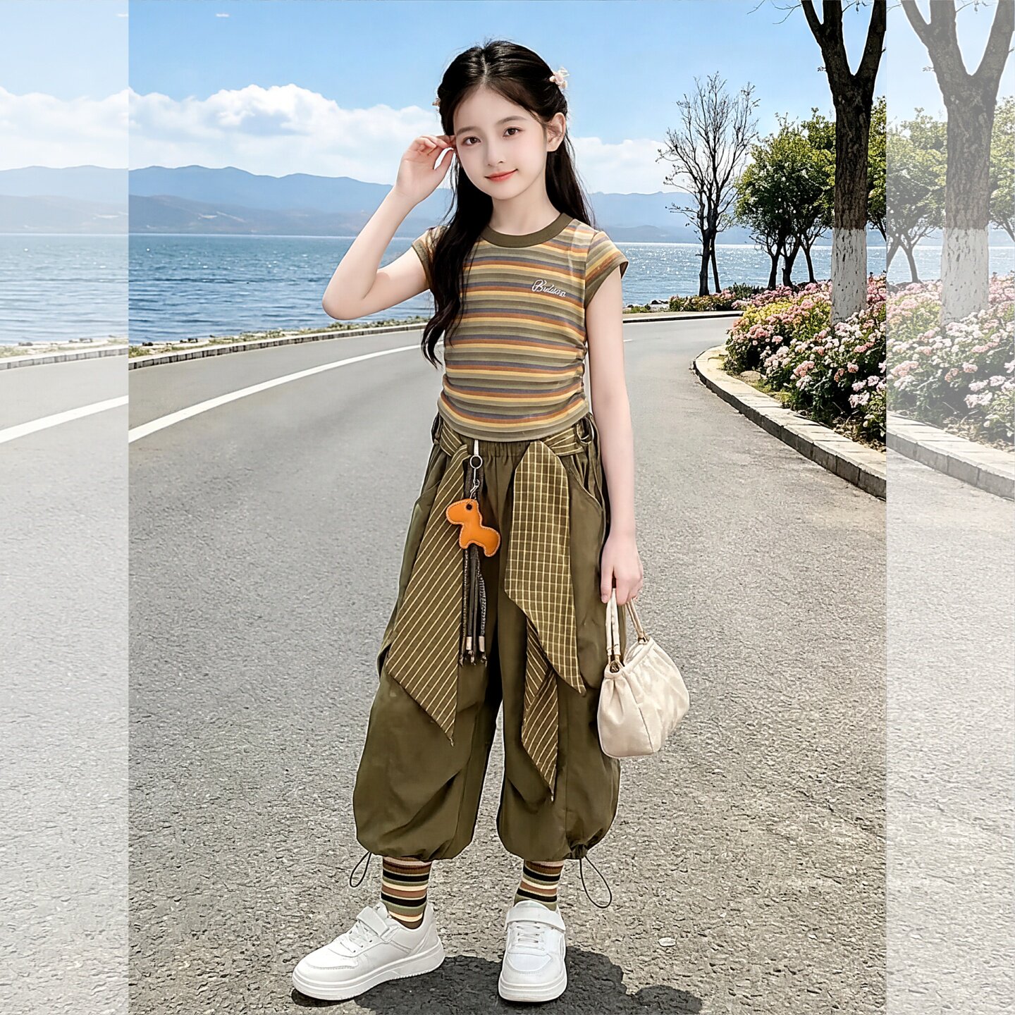 女童条纹短袖甜酷工装裤套装夏装