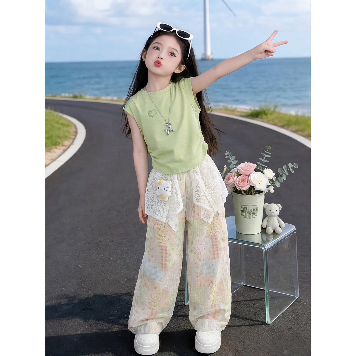 女童套装夏薄款儿童超好看绿色女