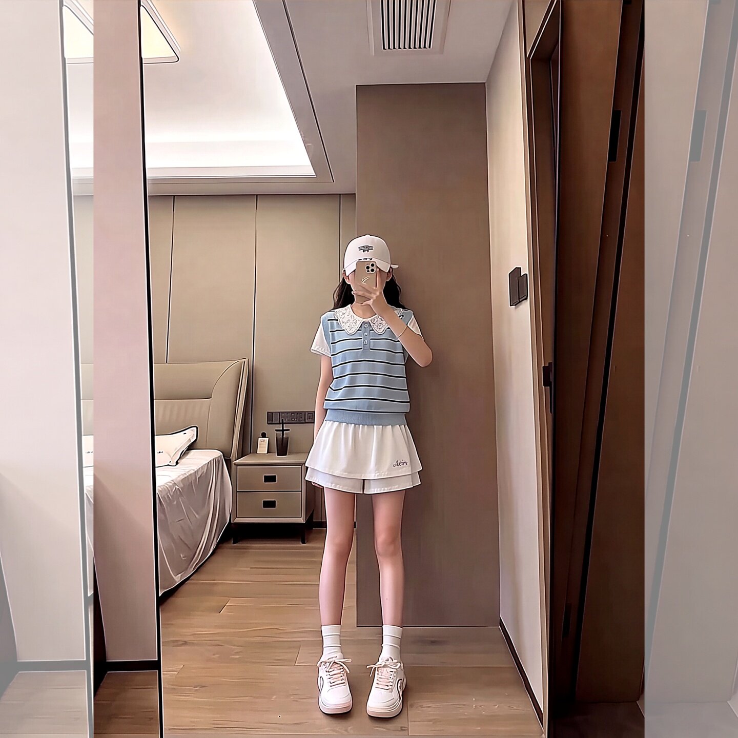 女童polo领条纹短裤夏季套装撞色