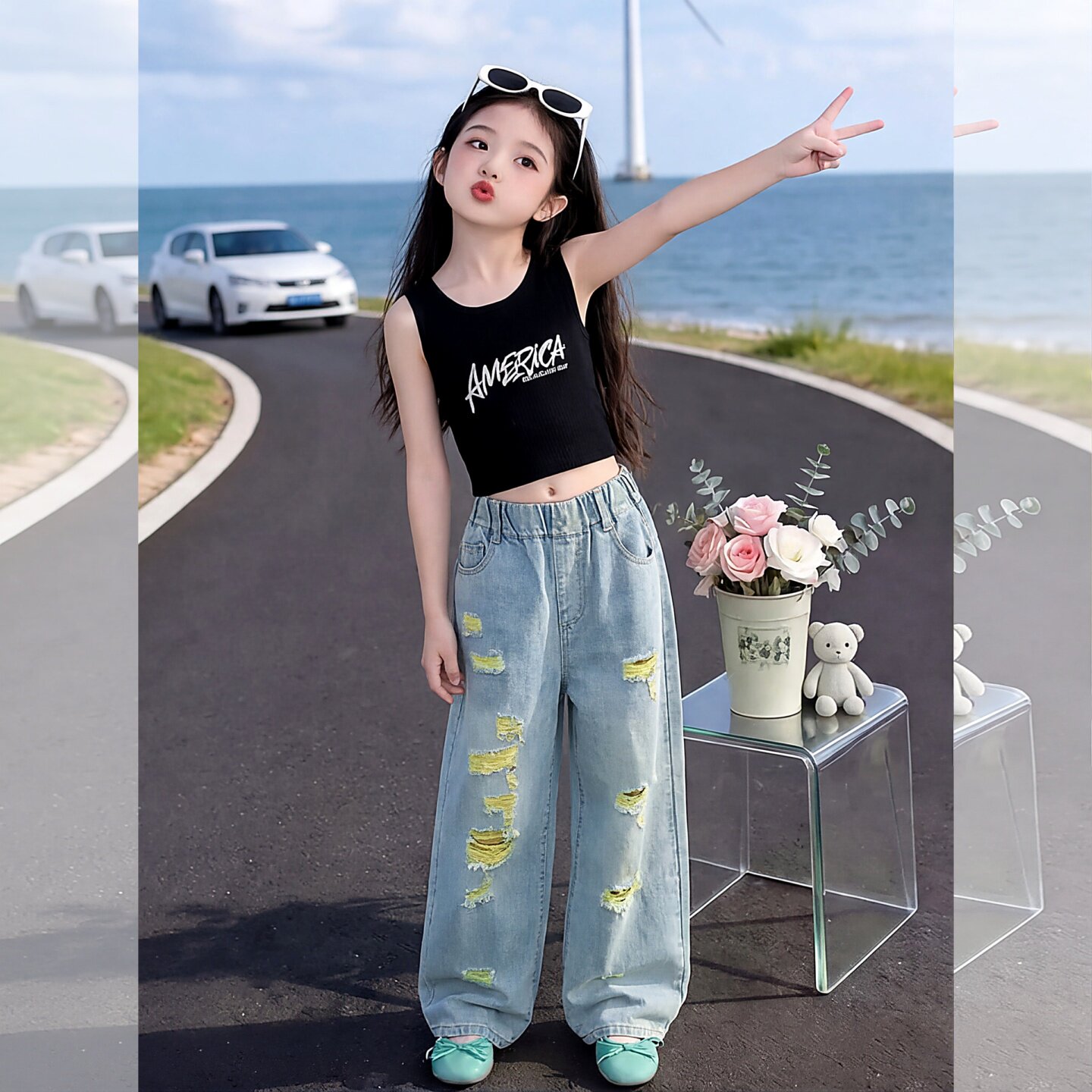 女童裤子夏季薄款2026新款大童初中生直筒裤女孩破洞牛仔裤阔腿裤
