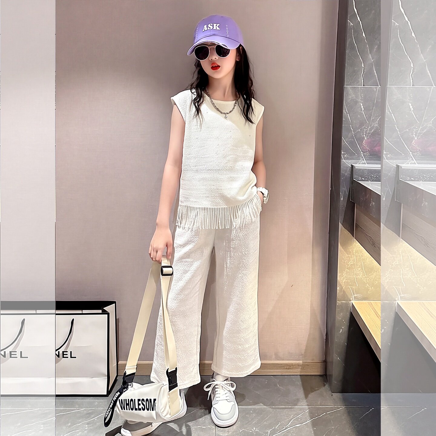 女童装夏季休闲无袖背心阔腿裤两件套2026新款洋气薄款米白色套装