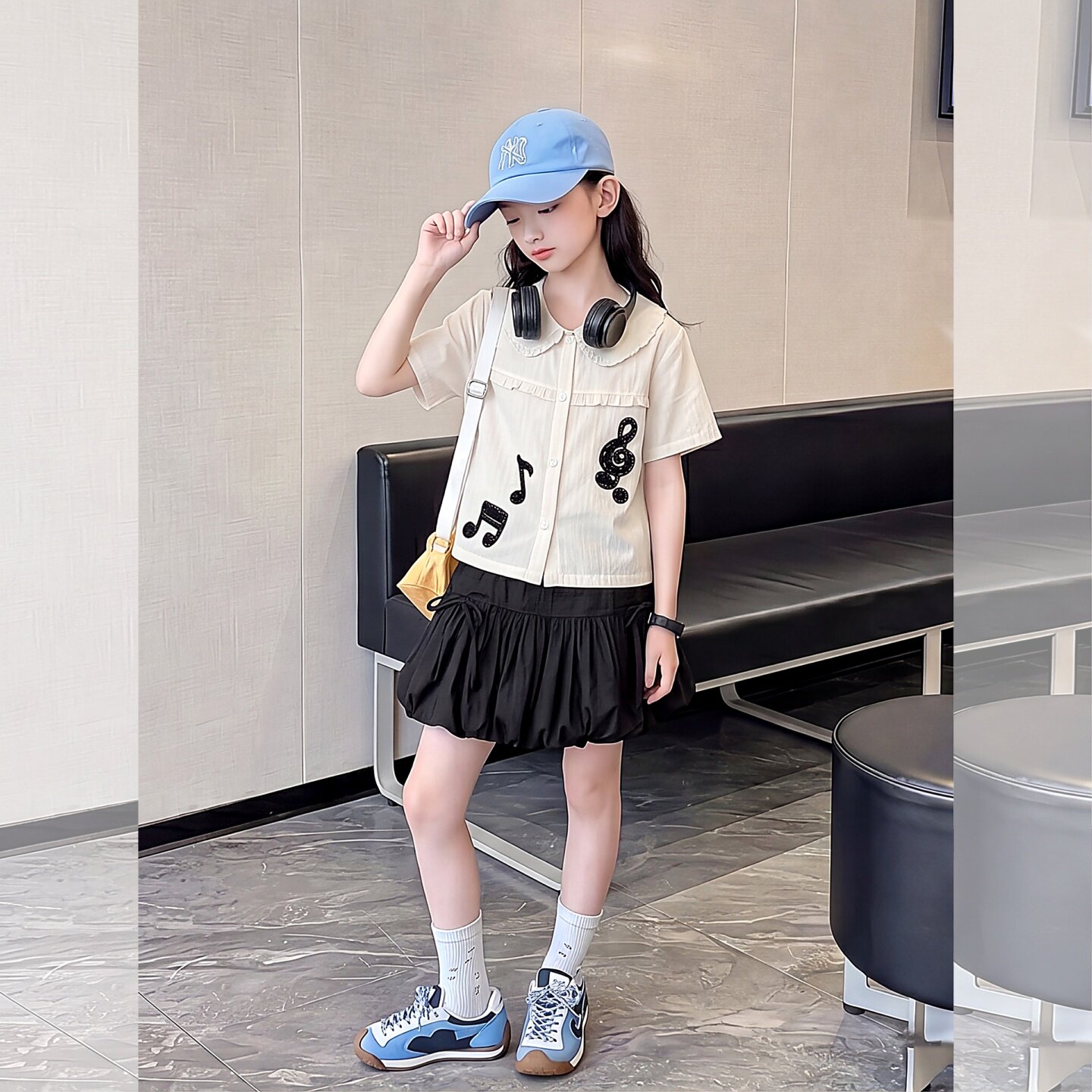 女童音符花边短袖翻领衬衫短裙女
