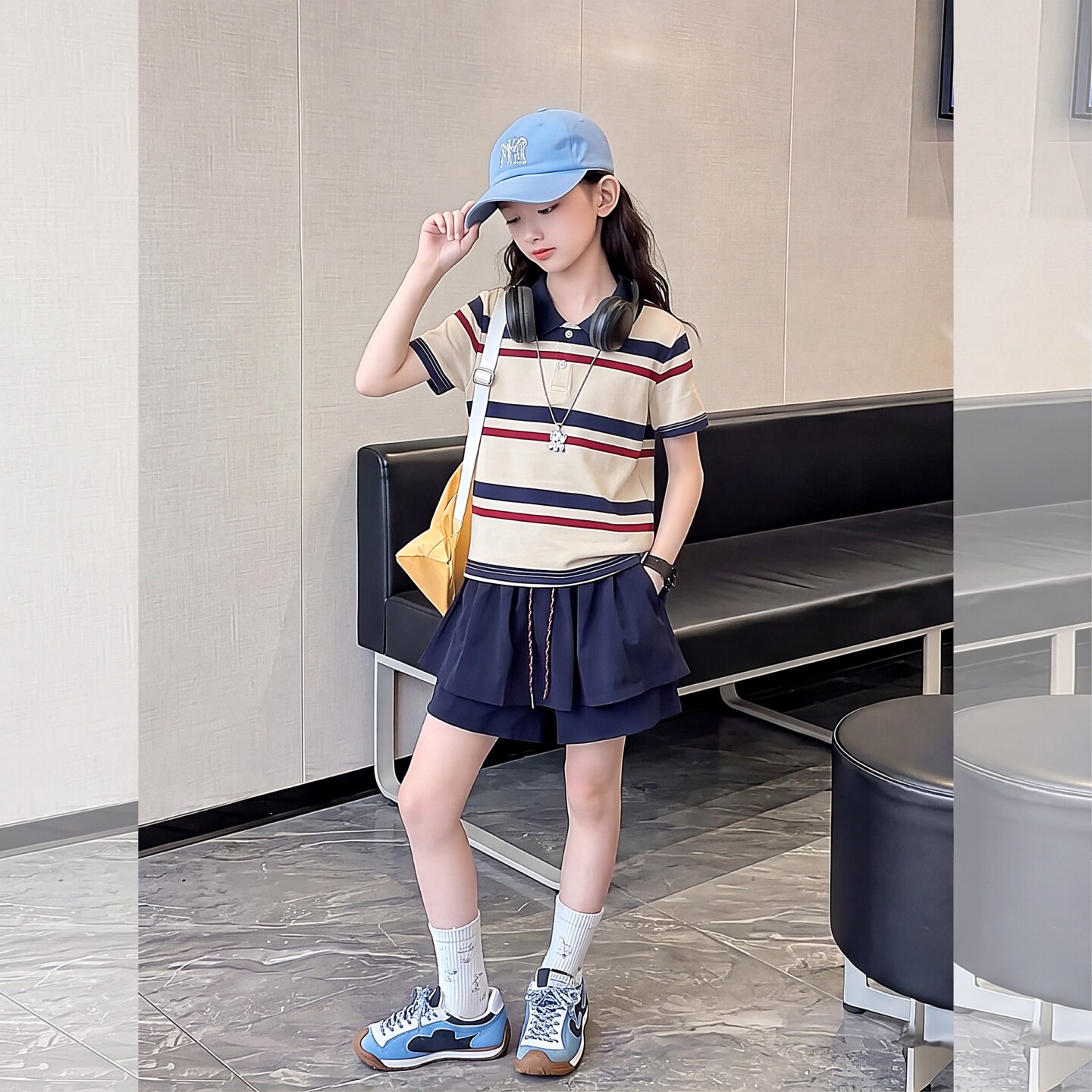 女童学院风条纹POLO衫两件套2026