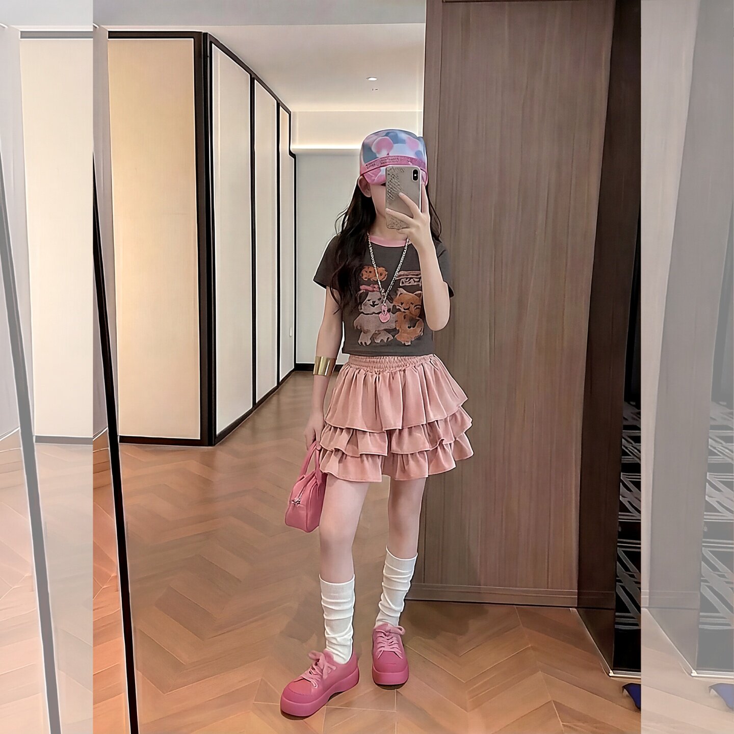 女童童装油画小猫印花t恤两件套4