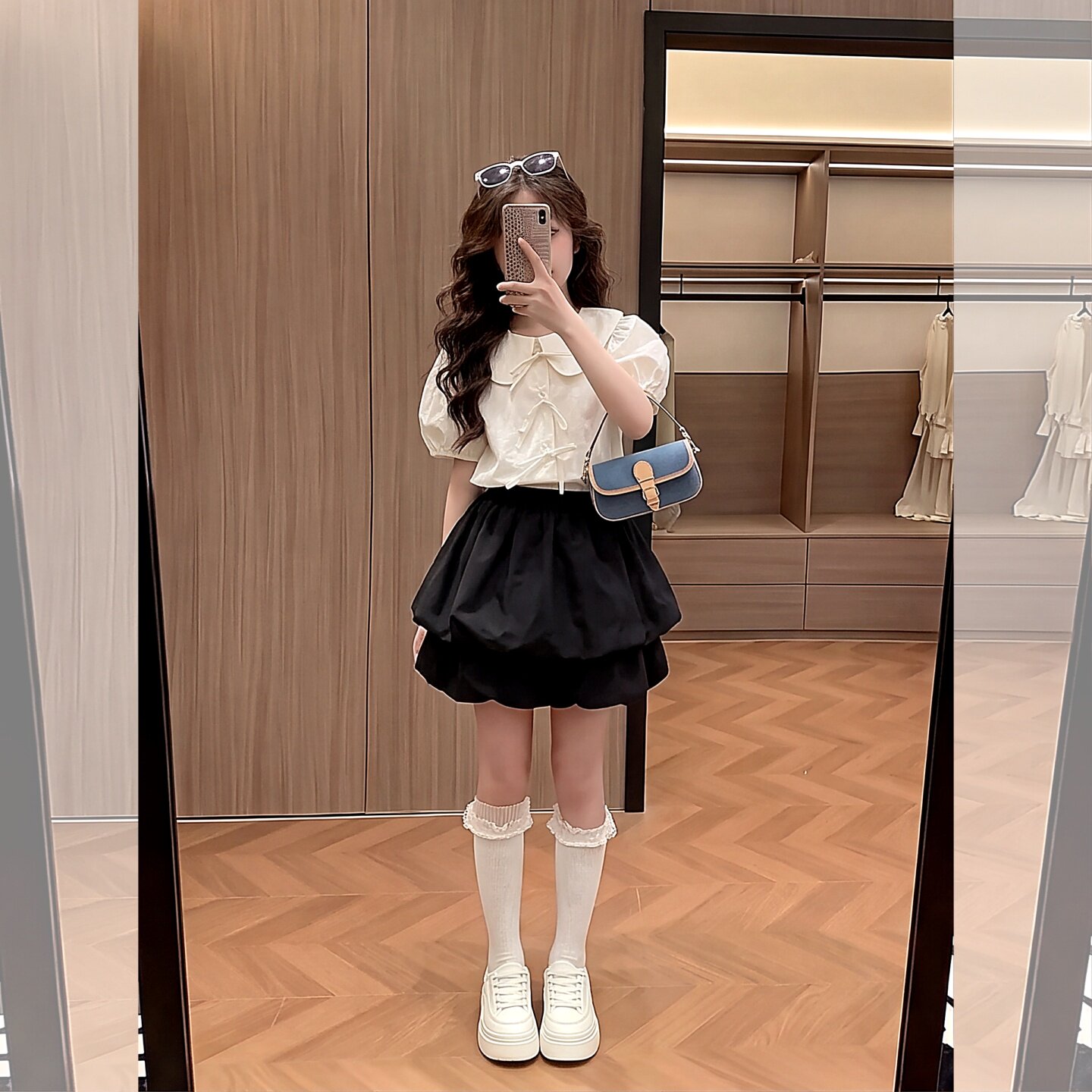 女童夏季短袖衬衫套装娃娃领学院