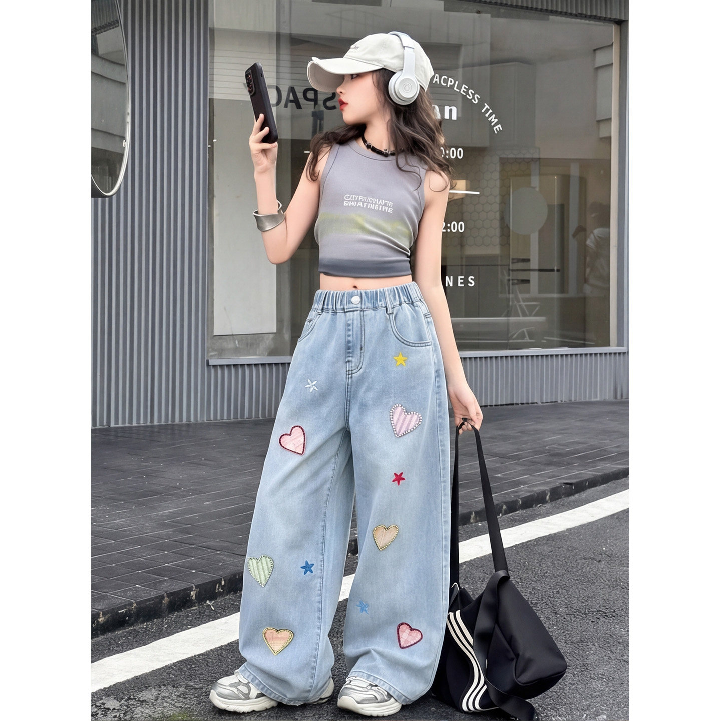 女童牛仔裤夏季薄款大童夏天休闲宽松洋气阔腿裤夏装爱心儿童裤子