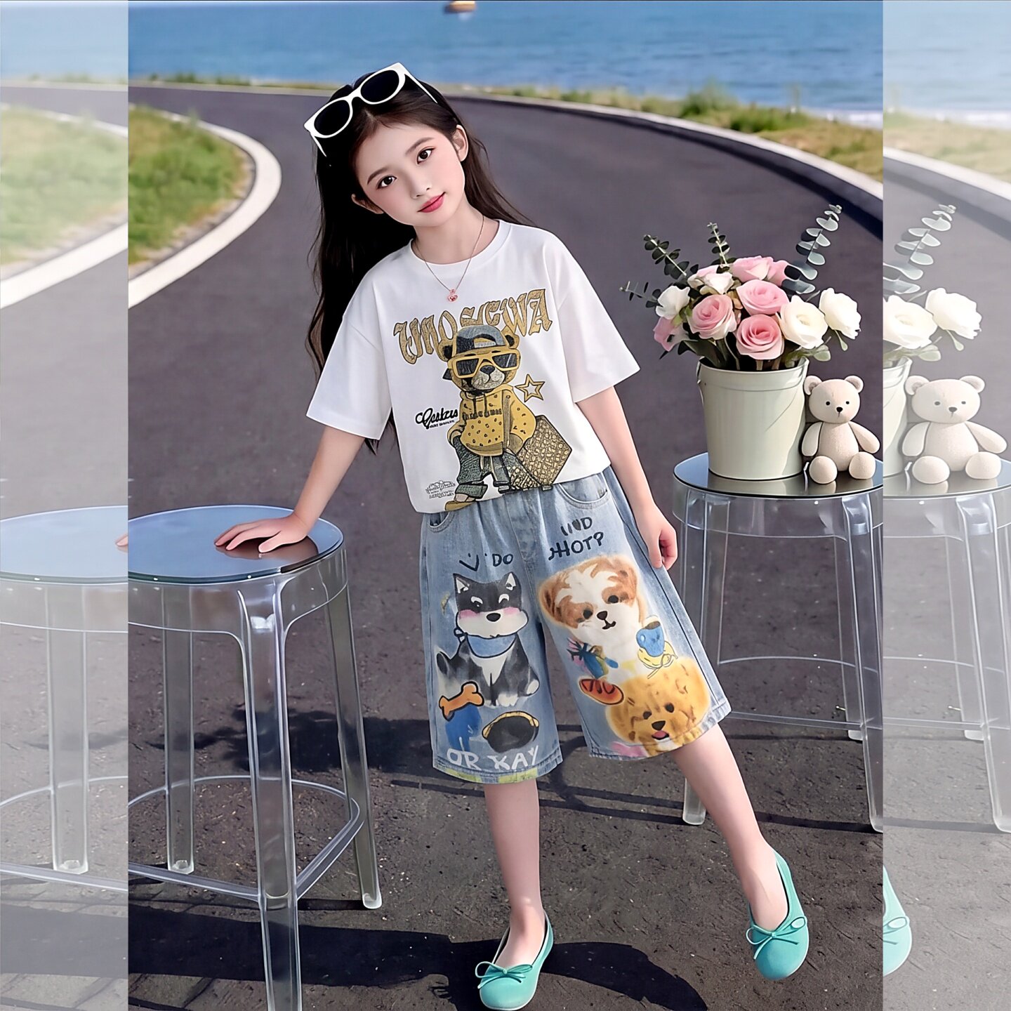 女童2026新款时尚夏季甜美宽松休闲T恤百搭牛仔中裤套装新品潮酷