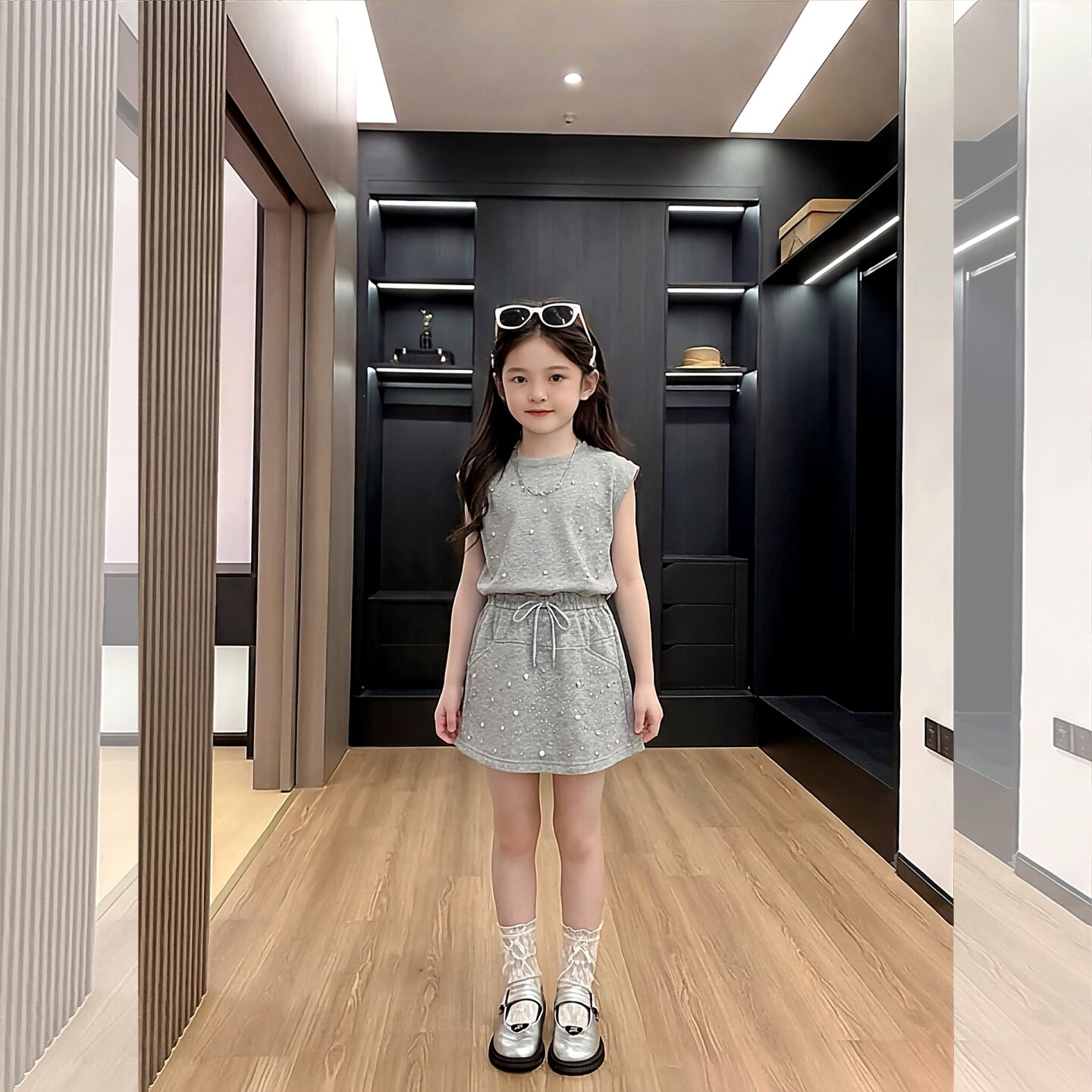韩系无袖背心套装女夏季时尚休闲灰色两件套显瘦气质女童短裙钉珠