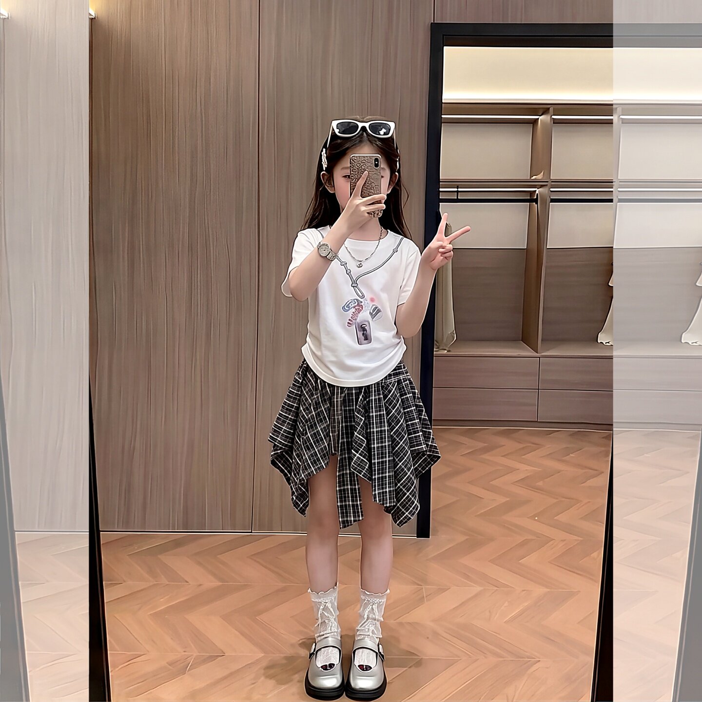 女童夏季格纹不规则半身裙套装2026女大童夏款休闲洋气短袖两件套