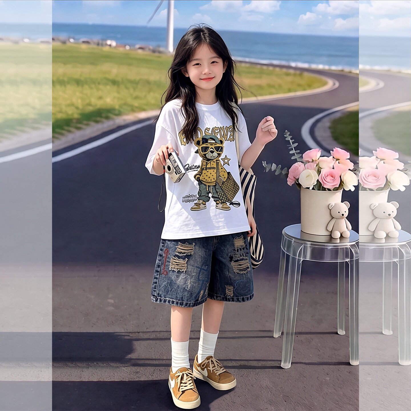 女童夏季小熊短袖印花牛仔五分短