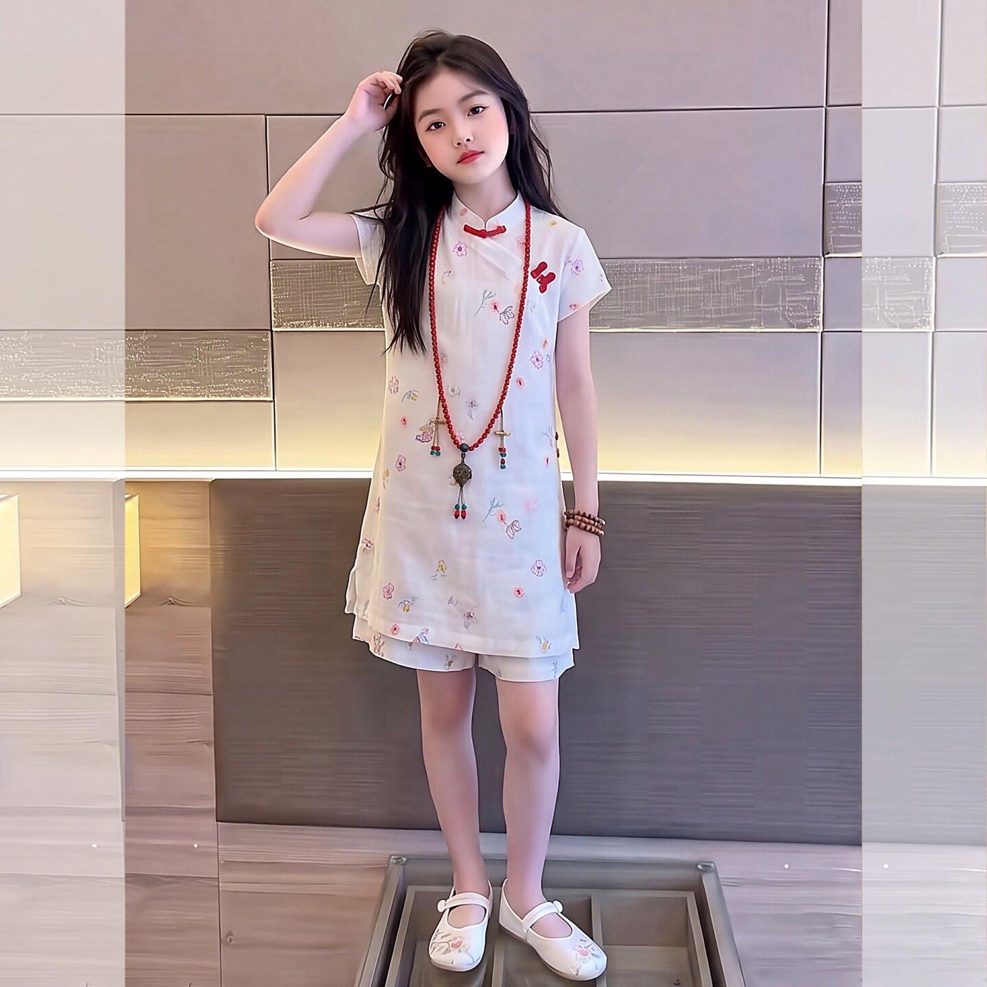 女童新中式盘扣旗袍裙短裤套装女