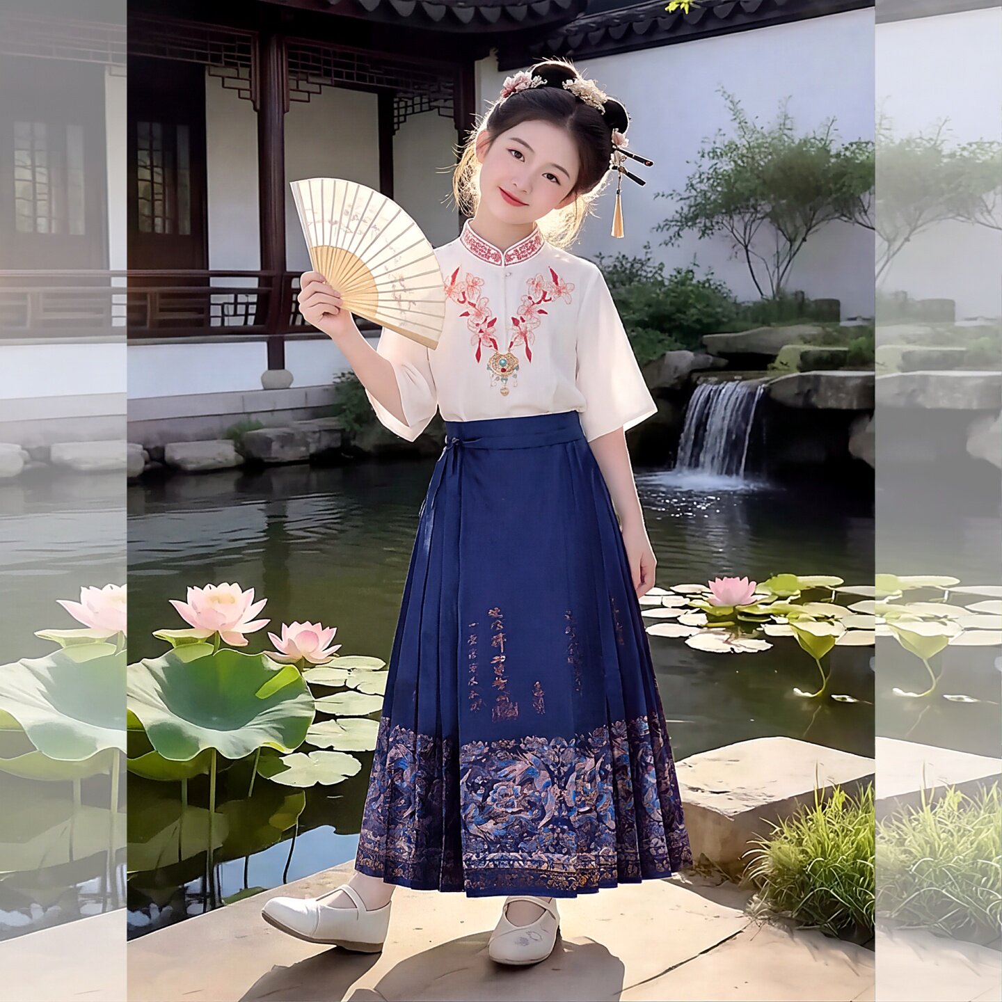 女童藏青色马面裙国风套装新中式