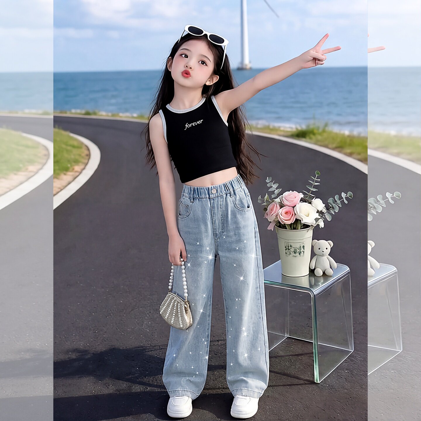 女童烫钻牛仔裤2026夏装新款宽松洋气直筒裤夏薄款儿童窄版阔腿裤
