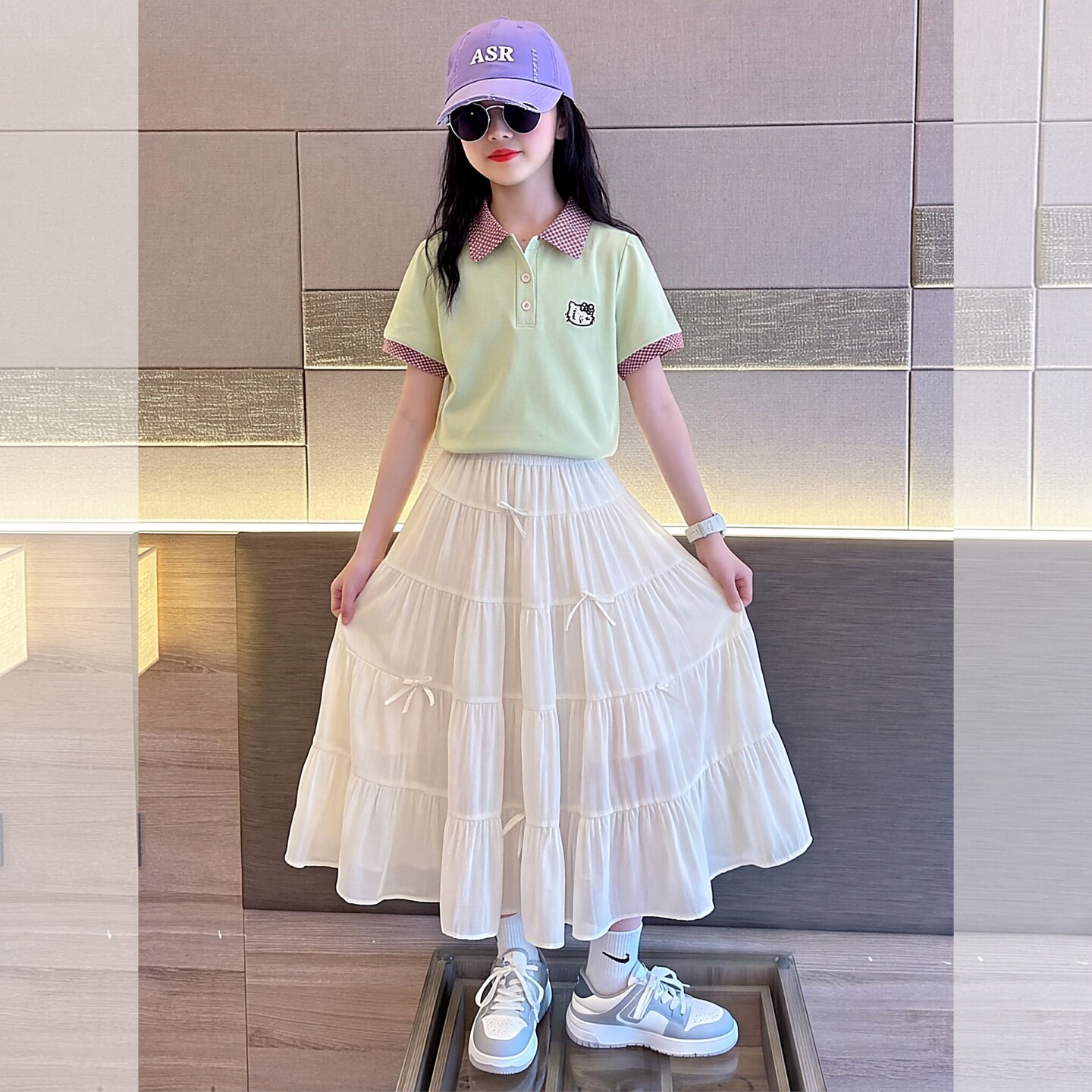 女童连衣裙女大童超好看polo短袖超仙白色裙子套装儿童夏装穿搭潮