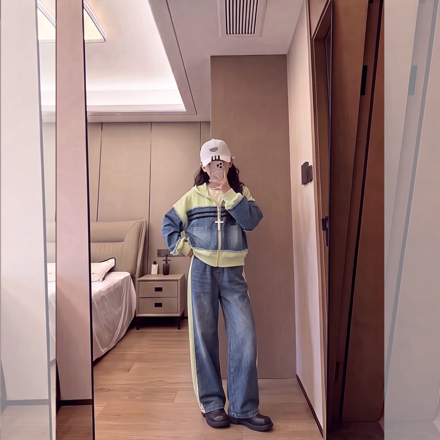 女童秋装牛仔拼接套装2026新款女