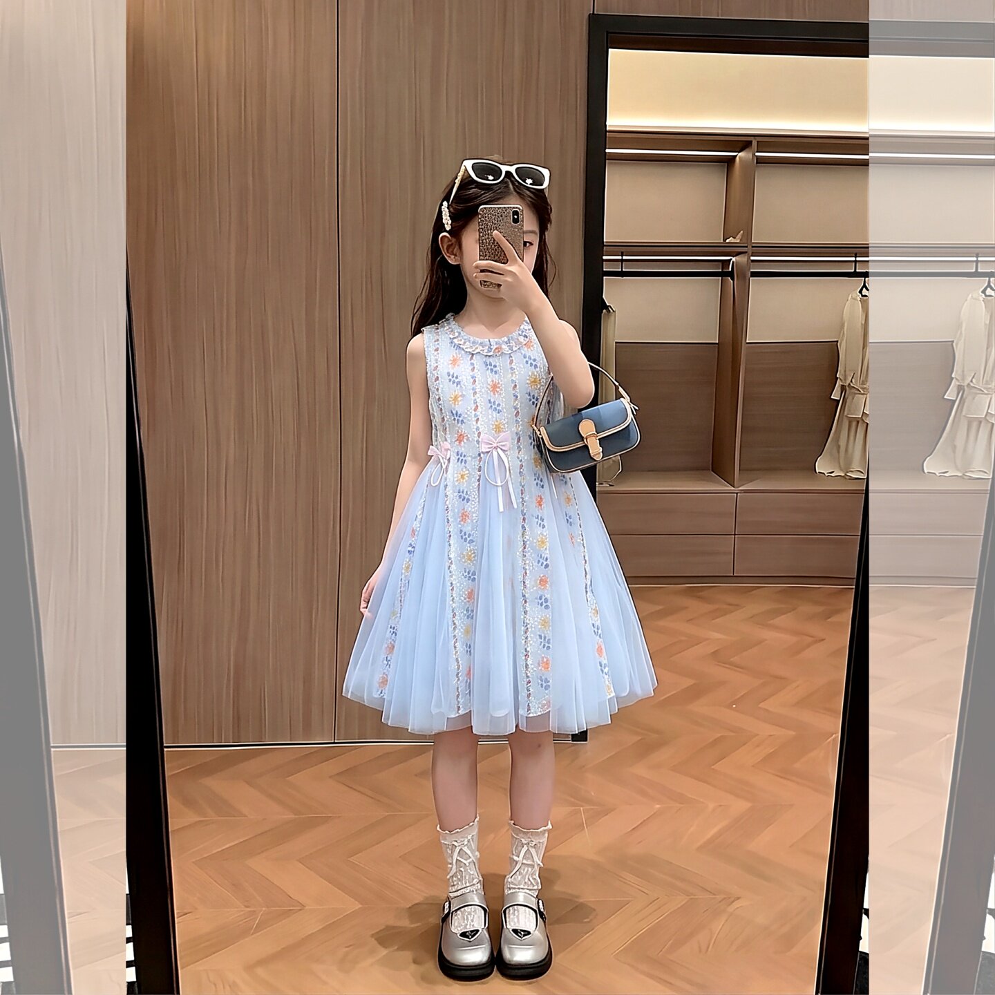 女童夏季碎花拼纱蝴蝶结无袖连衣