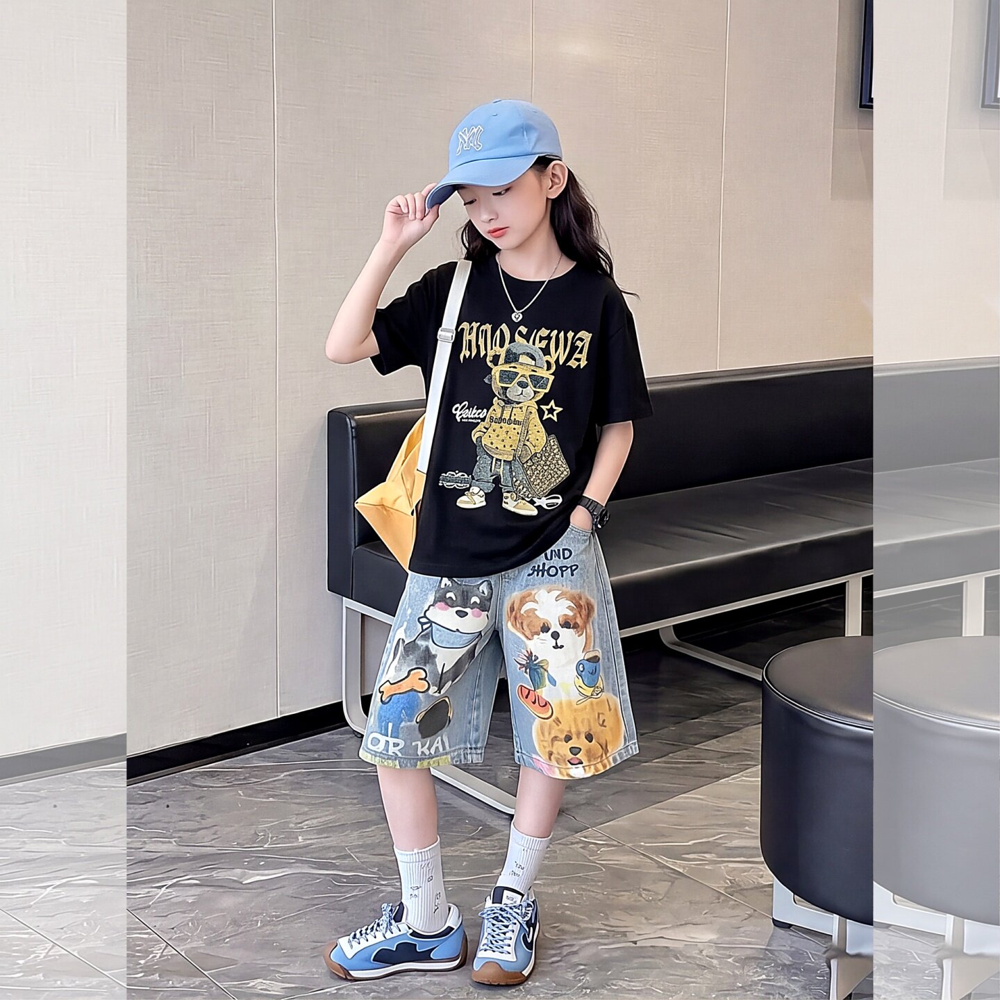 女童夏季卡通印花T恤牛仔短裤女9