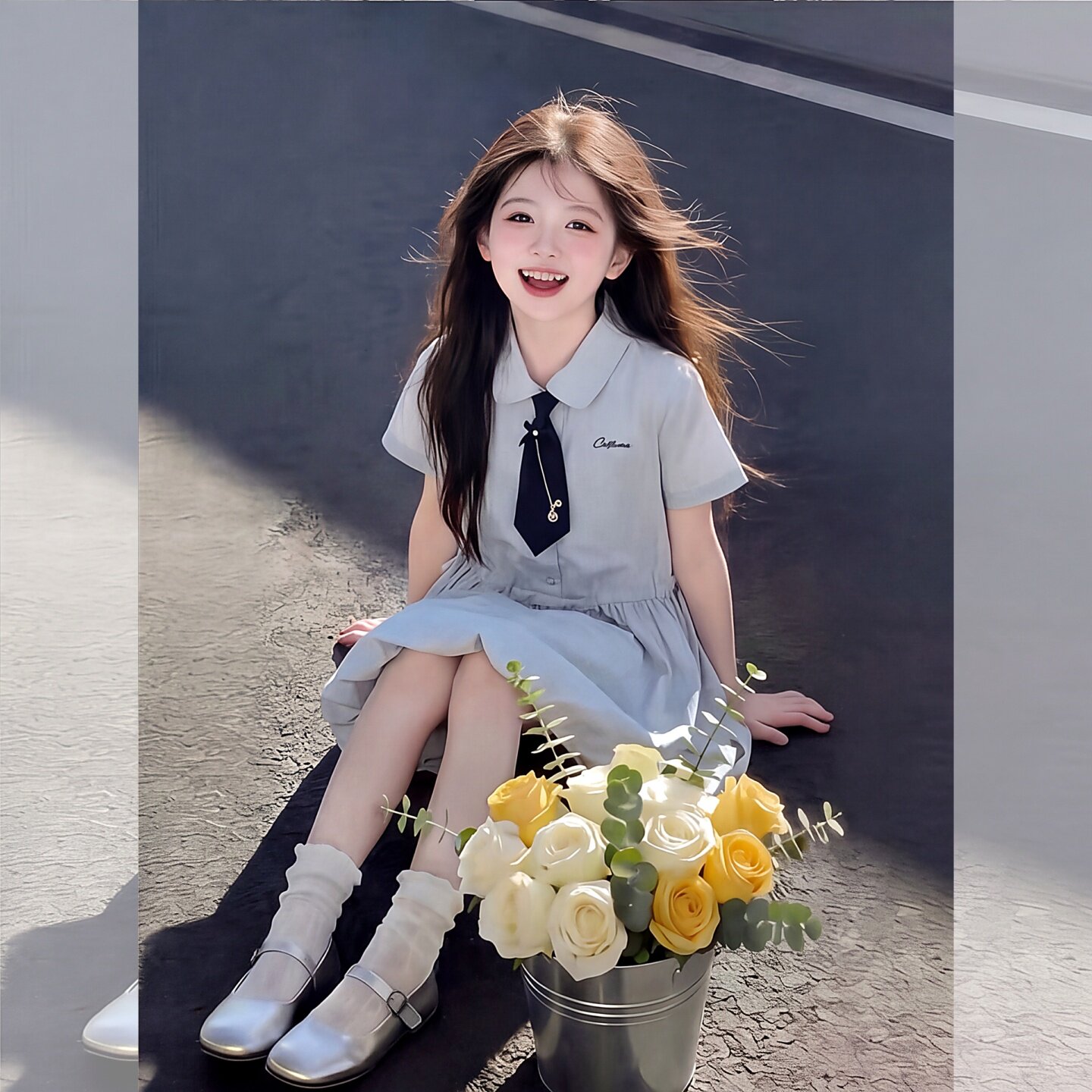 女童学院风短袖衬衫裙子夏季2026新款儿童洋气时髦女孩花苞连衣裙