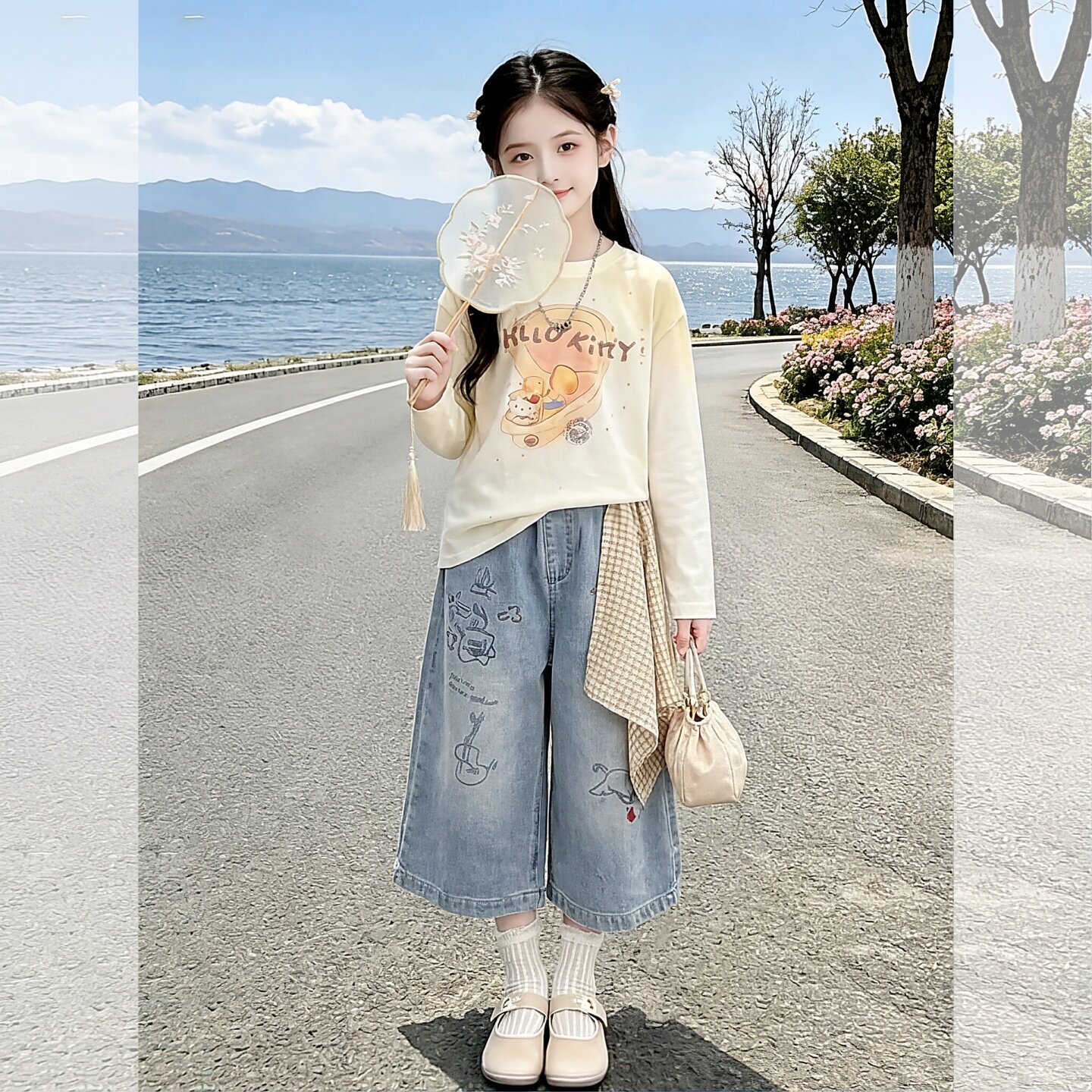 女童夏季清凉款印花长袖T恤拼接