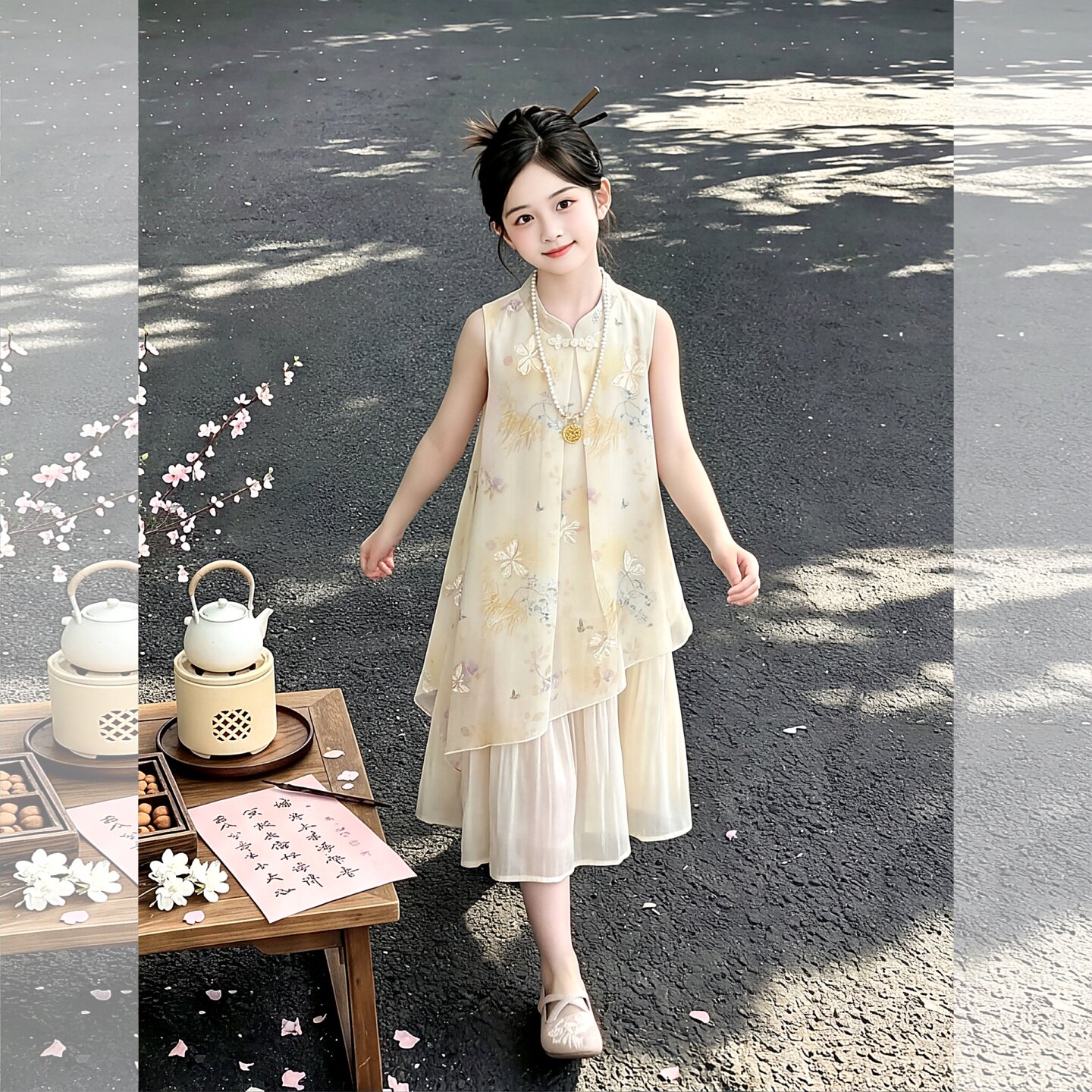 女童中国风无袖碎花连衣裙夏季女