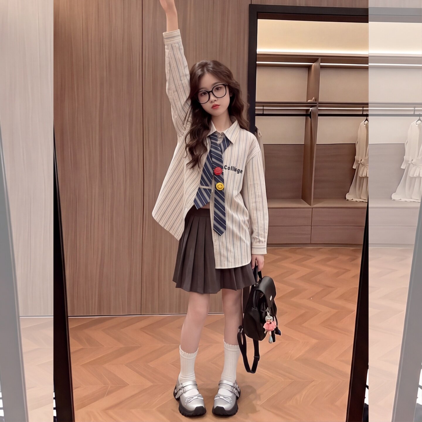JK学院风领带条纹衬衫套装女大童